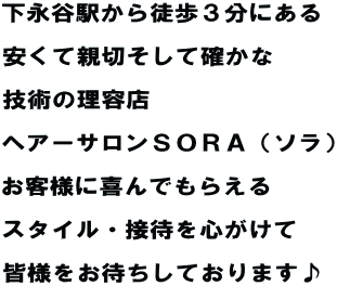 下永谷駅から徒歩3分にある 安くて親切そして確かな 技術の理容店 ヘアーサロンSORA(ソラ) お客様に喜んでもらえる スタイル・接待を心がけて 皆様をお待ちしております♪